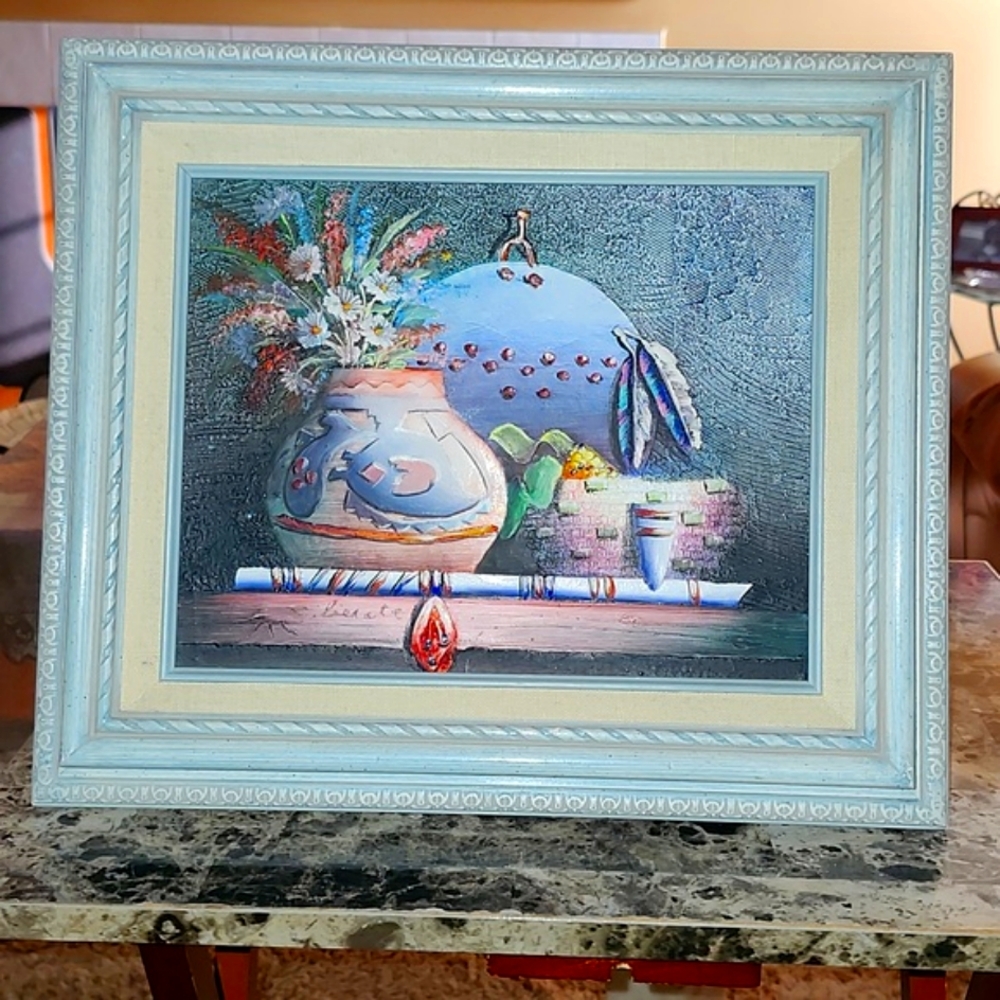 Original Signed Painting C. Benoit Art Native American Still Oil Canvas  8X10